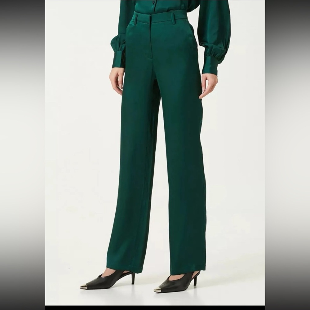 NEW NWT Anine Bing Emerald Green Classic Straight Leg Silk Pants 36